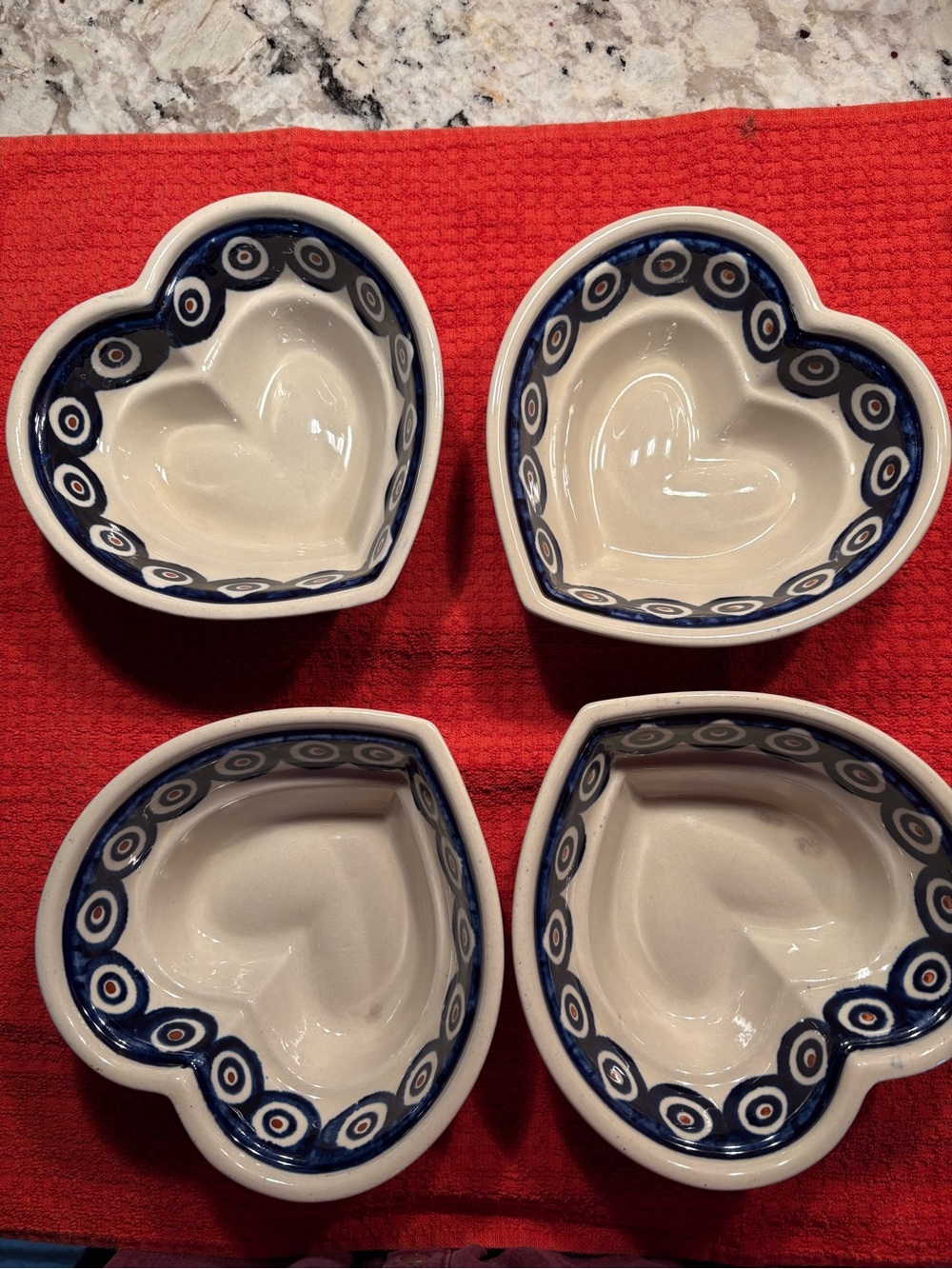Set of 4 Polish pottery Heart-Shaped Ceramic Serving Bowls